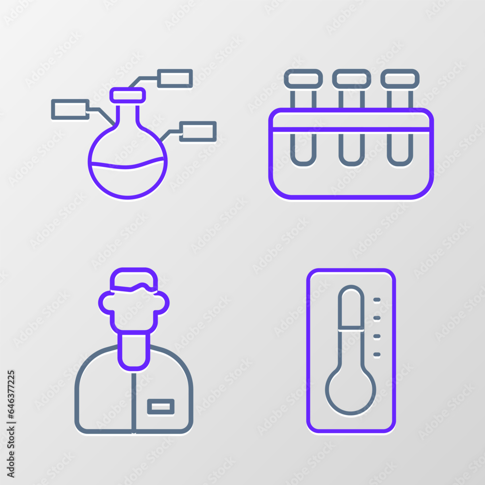 Set line Medical thermometer, Laboratory assistant, Test tube and flask and icon. Vector Set line Medical thermometer, Laboratory assistant, Test tube and flask and icon. Vector
