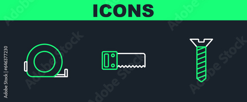 Set line Metallic screw, Roulette construction and Hand saw icon. Vector