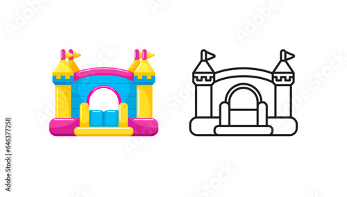 Bounce house, inflatable castle for jumping, icons for games on playground or indoor, kids zone, children's trampoline center, family parties. Vector outline and flat cartoon colorful illustrations