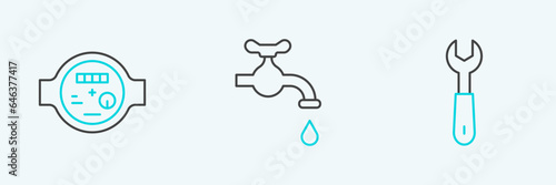 Set line Wrench spanner, Water meter and tap icon. Vector