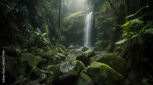Lush Jungle Waterfall with Abundant Moss