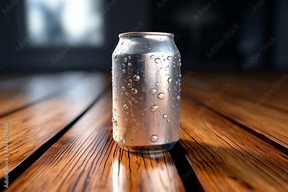 Condensation kissed soda can glistens on a rustic wooden tables surface - obrazy, fototapety, plakaty 