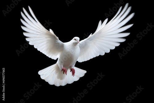 Flying white dove on black background