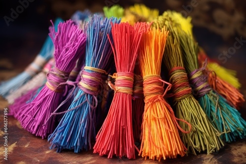 colorful incense stick bundles tied with string