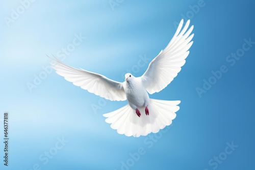 Flying white dove on the blue sky