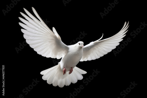 Flying white dove on black background