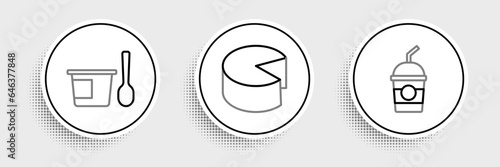 Set line Milkshake, Yogurt container with spoon and Cheese icon. Vector
