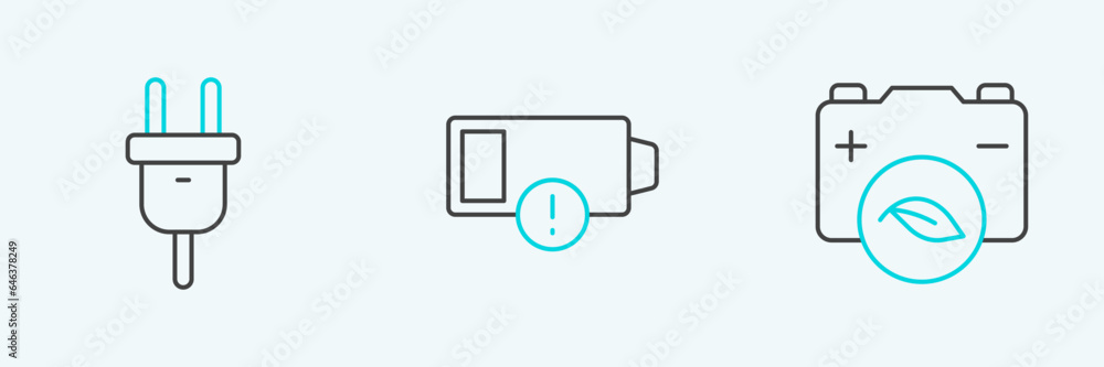 Set line Eco nature leaf battery, Electric plug and Low icon. Vector Set line Eco nature leaf battery, Electric plug and Low icon. Vector