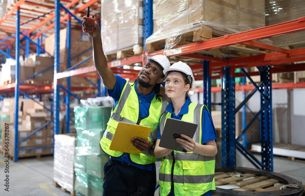 Multiracial manager train female technician working job in warehouse and logistic professional occupation. Storehouse supervisor and woman team talking discussing inventory storage or order delivering Multiracial manager train female technician working job in warehouse and logistic professional occupation. Storehouse supervisor and woman team talking discussing inventory storage or order delivering