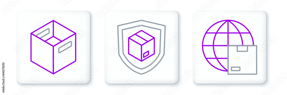 Set line Worldwide shipping, Carton cardboard box and Delivery security with shield icon. Vector Set line Worldwide shipping, Carton cardboard box and Delivery security with shield icon. Vector