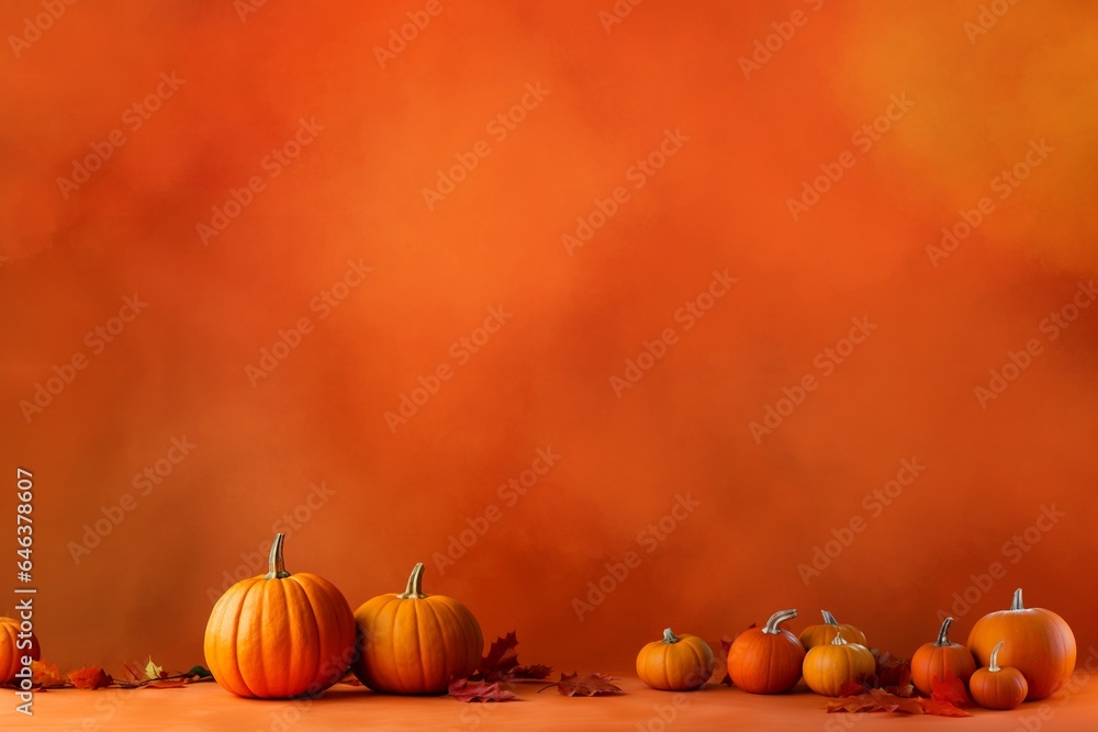 Autumn background. Pumpkins and autumn leaves on an orange background.
