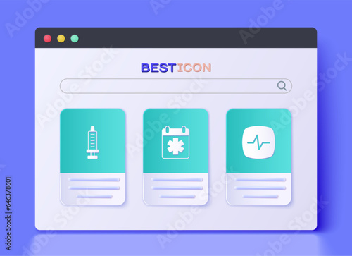 Set Doctor appointment, Syringe and Heart rate icon. Vector