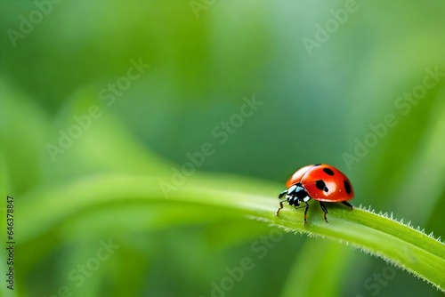 lady bug close-up on the green plant, blurred natural scene in the background, natural and realistic, texture, minimalism, abstract art