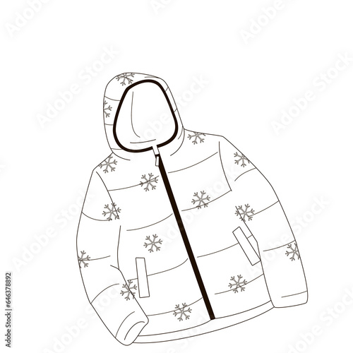 warm winter hooded down jacket black and white linear illustration