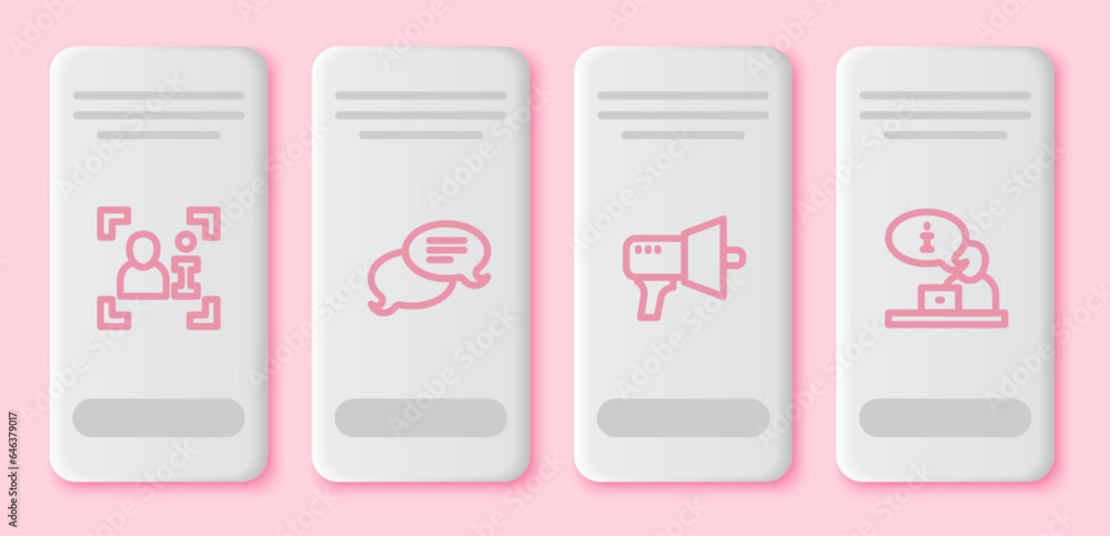 Set line Television report, Speech bubble chat, Megaphone and . White rectangle button. Vector