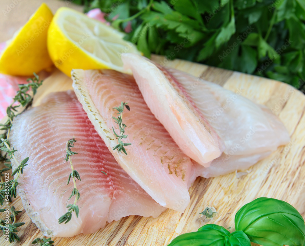 fresh raw tilapia fish fillet on wooden board fresh raw tilapia fish fillet on wooden board