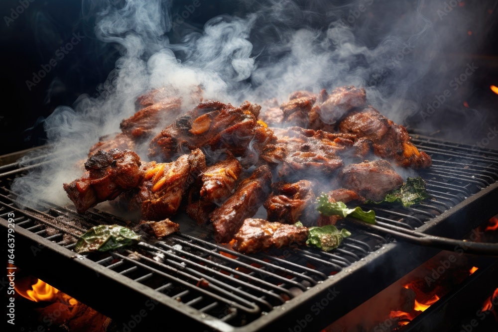thick smoke swirling from a barbecue grill with sizzling meat thick smoke swirling from a barbecue grill with sizzling meat