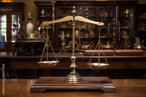 an antique brass scale of justice on a polished oak desk
