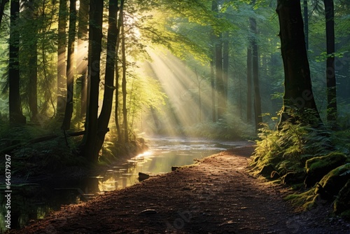 a forest covered in early morning mist with sunlight piercing through