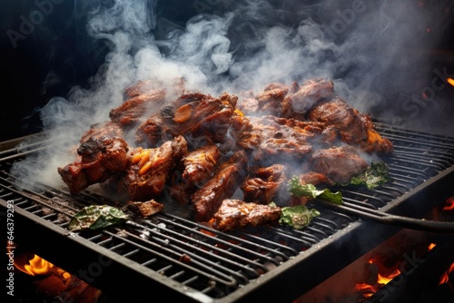 thick smoke swirling from a barbecue grill with sizzling meat