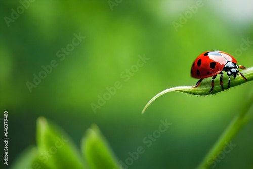 lady bug close-up on the green plant  blurred natural scene in the background  natural and realistic  texture  minimalism  abstract art