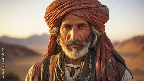 Close-up portrait of Bedouin in desert, local resident. Close portrait.
