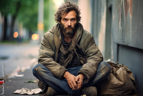 Homeless man in old clothes sitting on the street with a cardboard. AI generated