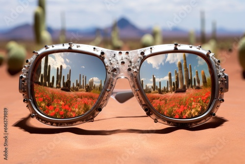 a desert landscape with cacti mirrored in a pair of sunglasses