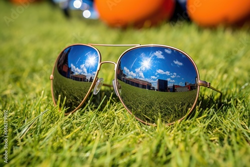 a reflection of a hot air balloon festival in a pair of sunglasses on grass