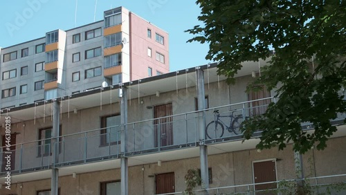 Static video of exterior corridor apartments in Botkyrka, Stockholm.  photo