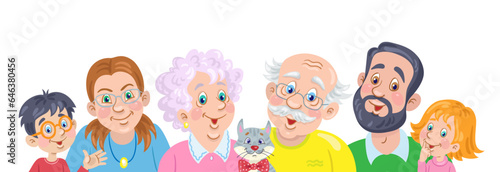 Portrait of a happy family. Mother, father, children, grandparents and cat. In cartoon style. Isolated on white background. Vector flat illustration.