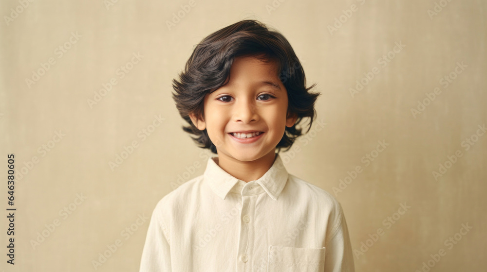 Portrait of a delighted little boy donning neutral attire against a beige studio backdrop. Generative AI Portrait of a delighted little boy donning neutral attire against a beige studio backdrop. Generative AI