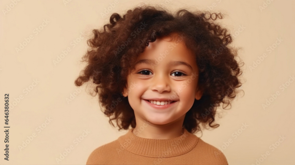 A boy in muted attire showcases a bright smile against a beige studio background. Generative AI A boy in muted attire showcases a bright smile against a beige studio background. Generative AI