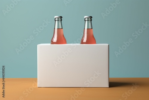 Two distinct nonalcoholic beverage bottles accompanied by a white paper box, isolated on a Toscha background 