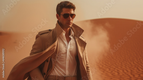 Man walking alone in the sunny desert. He is lost and out of breath. No water and energy. Concept for depression and noway situation in life photo