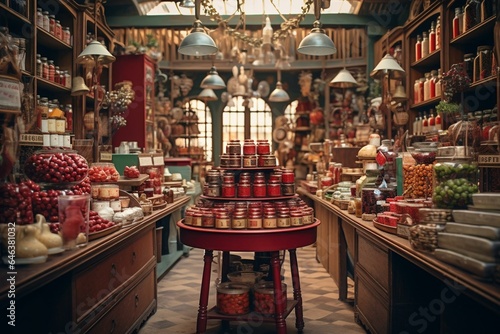 An image showing a vintage grocery store filled with shelves full of jam and candies. Generative AI