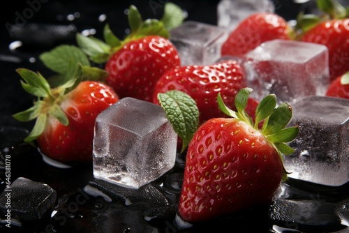 Vibrant red strawberries sit amidst ice cubes against a textured, dark background