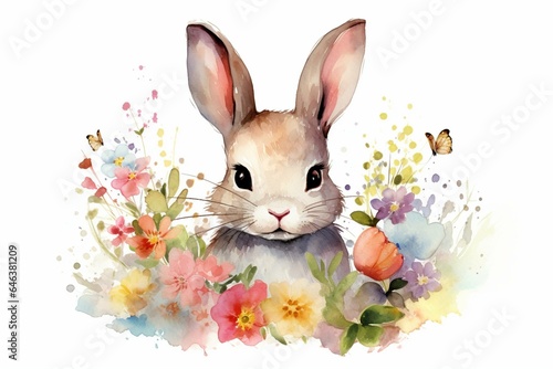 adorable bunny with floral and Easter motifs on a plain background. Generative AI