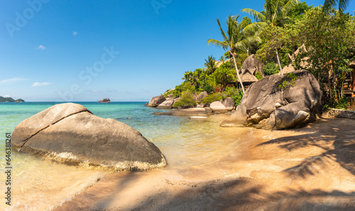Paradise picturesque tropical sandy Sairee Beach on Koh Tao Island in Thailand. Scenic panoramic view of sunny beach with stones and palms
