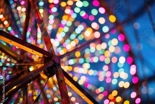 close-up of multicolored bokeh lights of a ferris wheel in the city