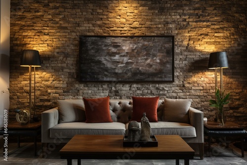 Aesthetic wall décor with contrasting stone and brick, complemented by furniture, lighting, and decor. Generative AI
