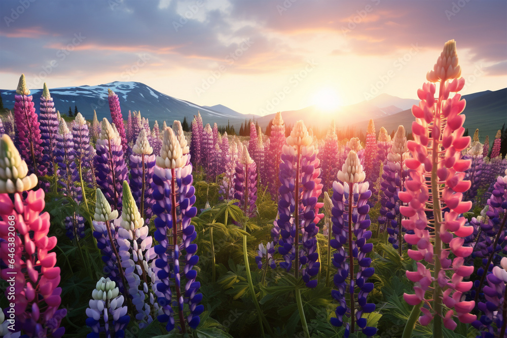 Close-up View of a bright, blooming lupine flower in Nature