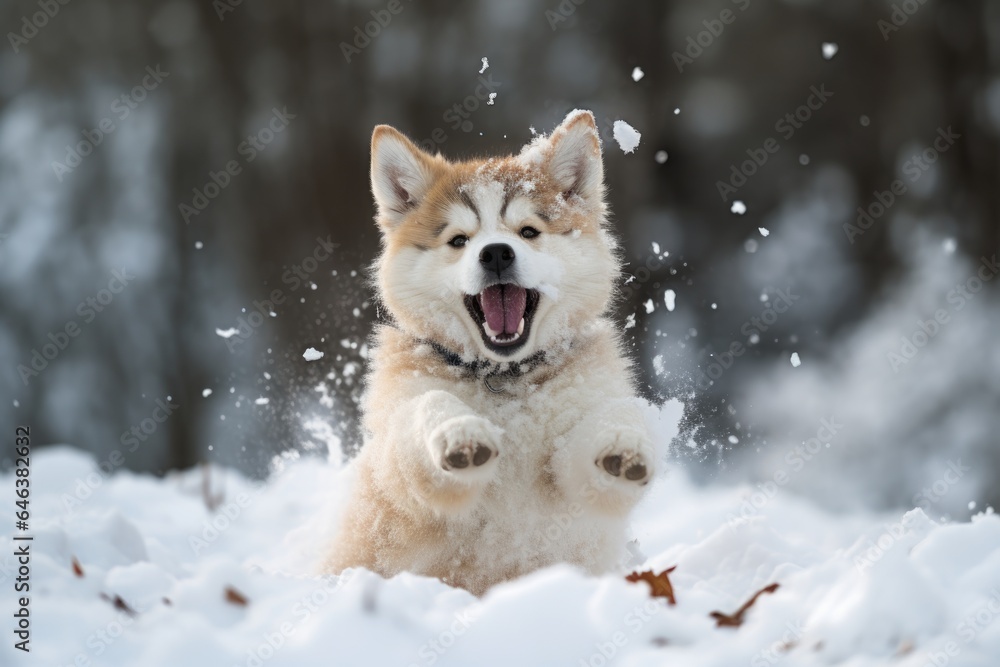 Naklejka premium a playful husky trying to catch its tail in the snow