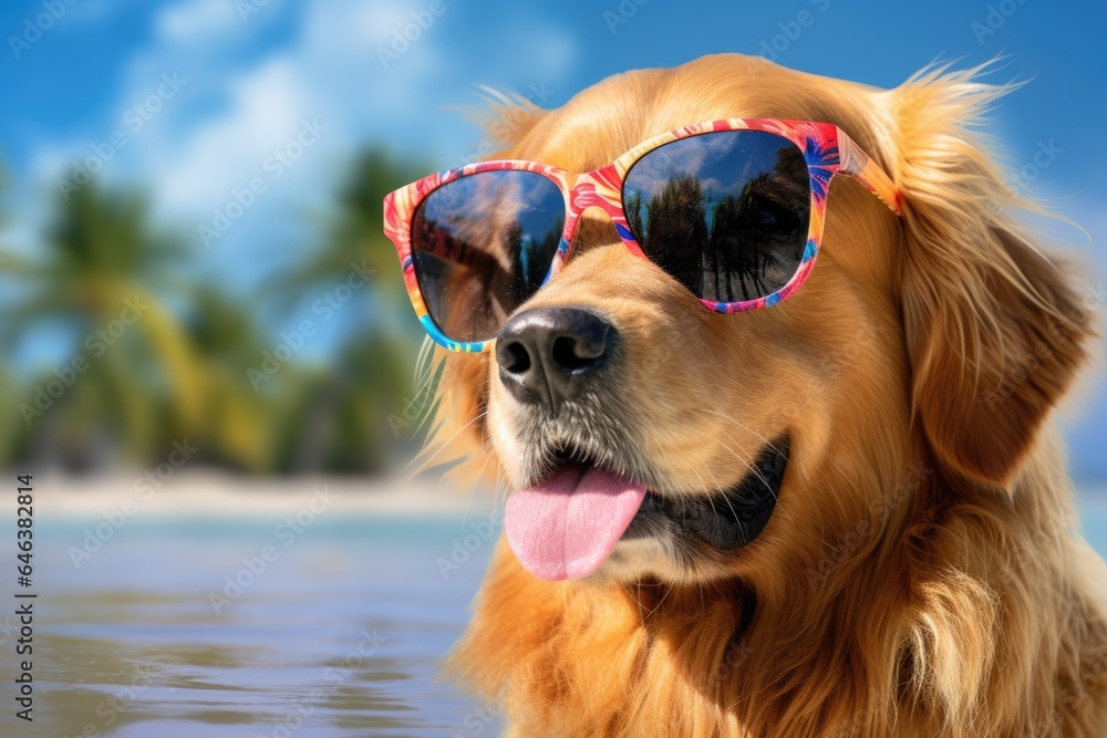 golden retriever on the beach with tropical-themed sunglasses golden retriever on the beach with tropical-themed sunglasses