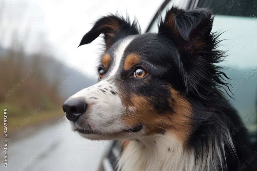 close-up of a border collies eyes reflecting the road, head out of a car window
