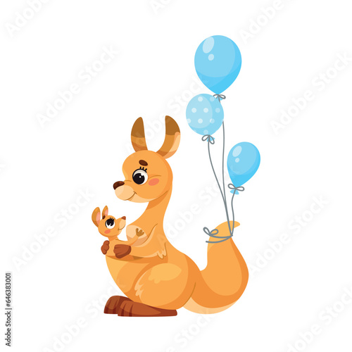 Cute Kangaroo as Australian Animal Character with Baby and Balloons Vector Illustration