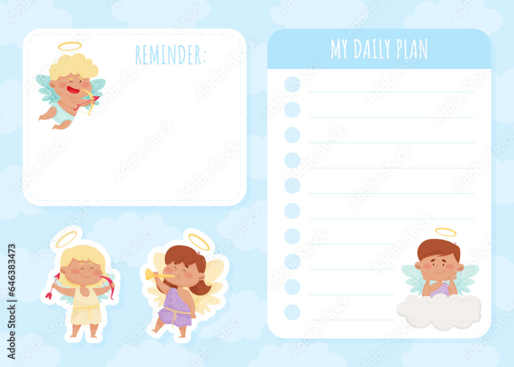 Empty Note Card with Cute Boy and Girl Angel Character with Wings and Nimbus Vector Template Empty Note Card with Cute Boy and Girl Angel Character with Wings and Nimbus Vector Template