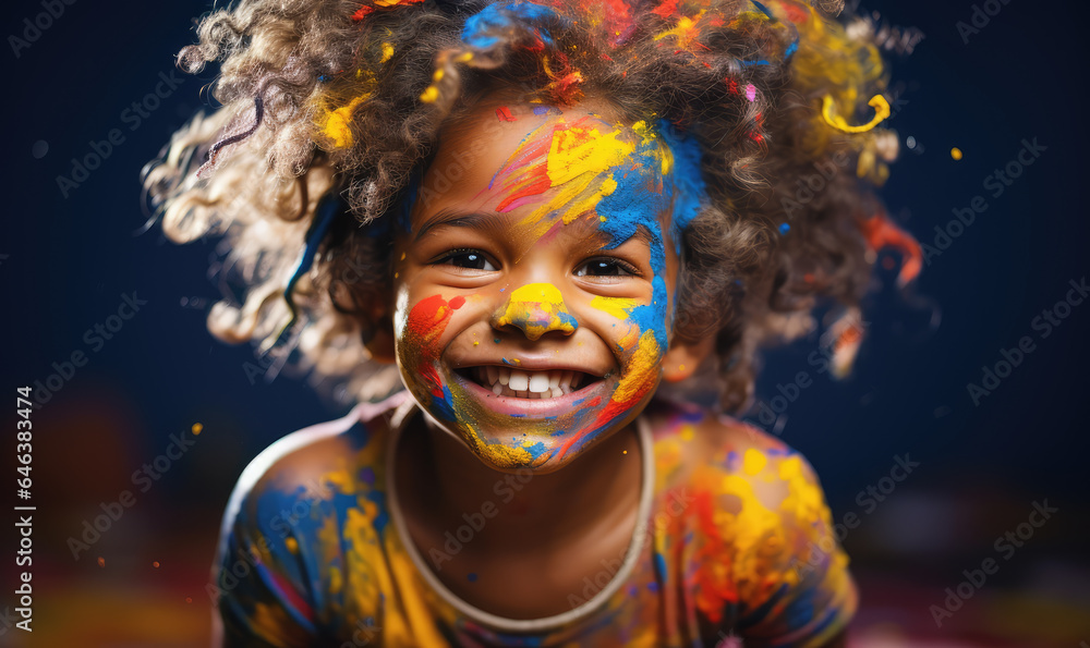 Happy children smiling playing with art and covered in paint in a Children's Day cultural campaign. Happy children smiling playing with art and covered in paint in a Children's Day cultural campaign.
