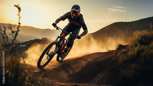 Adventurous Mountain Biker Swiftly Descending a Thrilling Trail: Exhilarating Outdoor Recreational Lifestyle Sport Amidst the Beauty of Nature