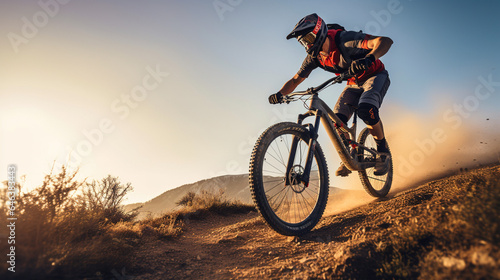 Adventurous Mountain Biker Swiftly Descending a Thrilling Trail: Exhilarating Outdoor Recreational Lifestyle Sport Amidst the Beauty of Nature © Jugoslav